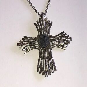 Vintage Silver Tone Textured Cross Pendant Necklace